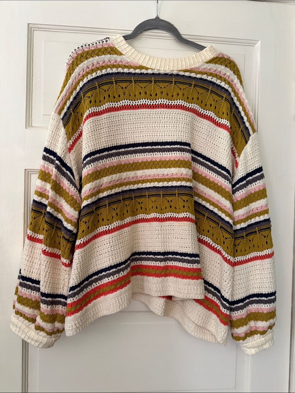 POL Cream Crewneck Sweater with Olive, Navy, Pink & Red Stripes